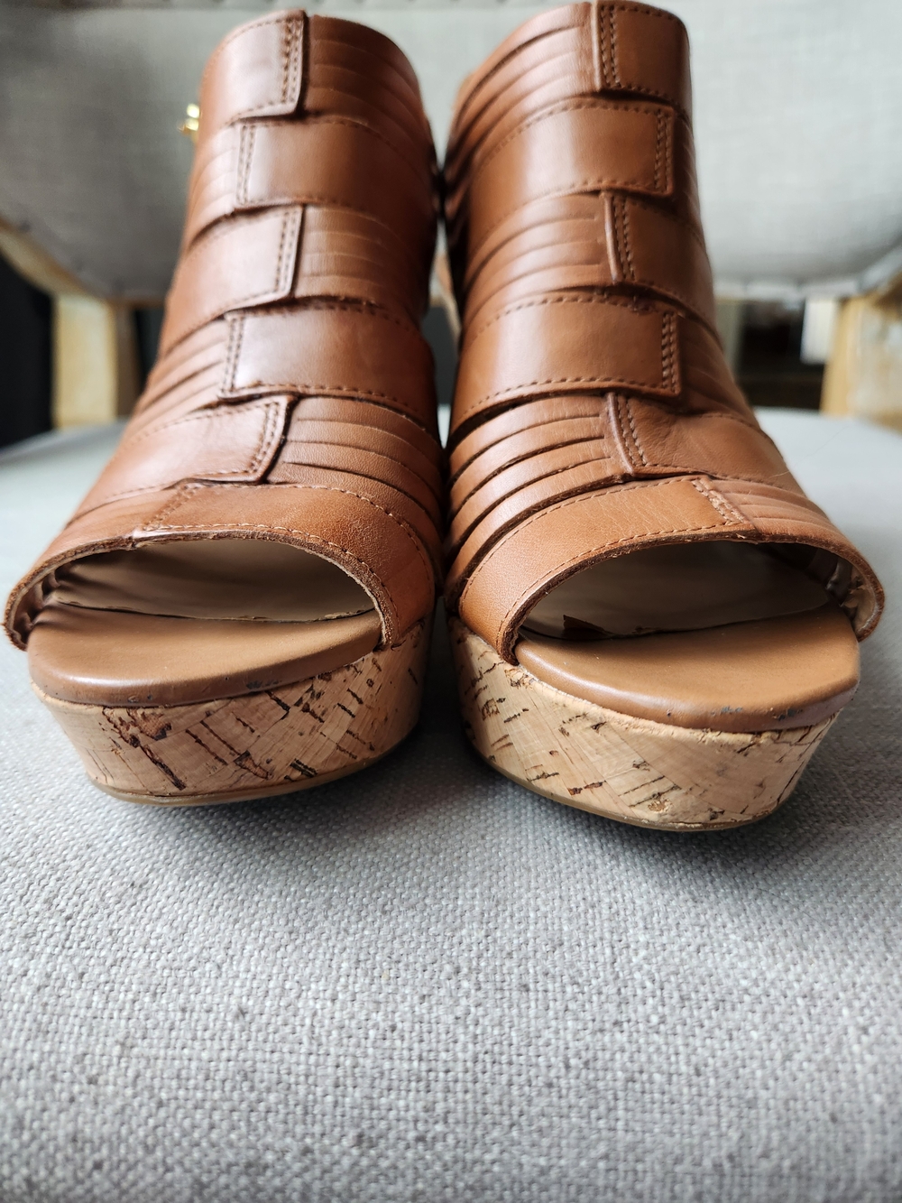 Franco Sarto Tan Leather Wedge Sandals 7.5 "Sharp" Strappy Exellent Cond Congnac - Picture 5 of 10